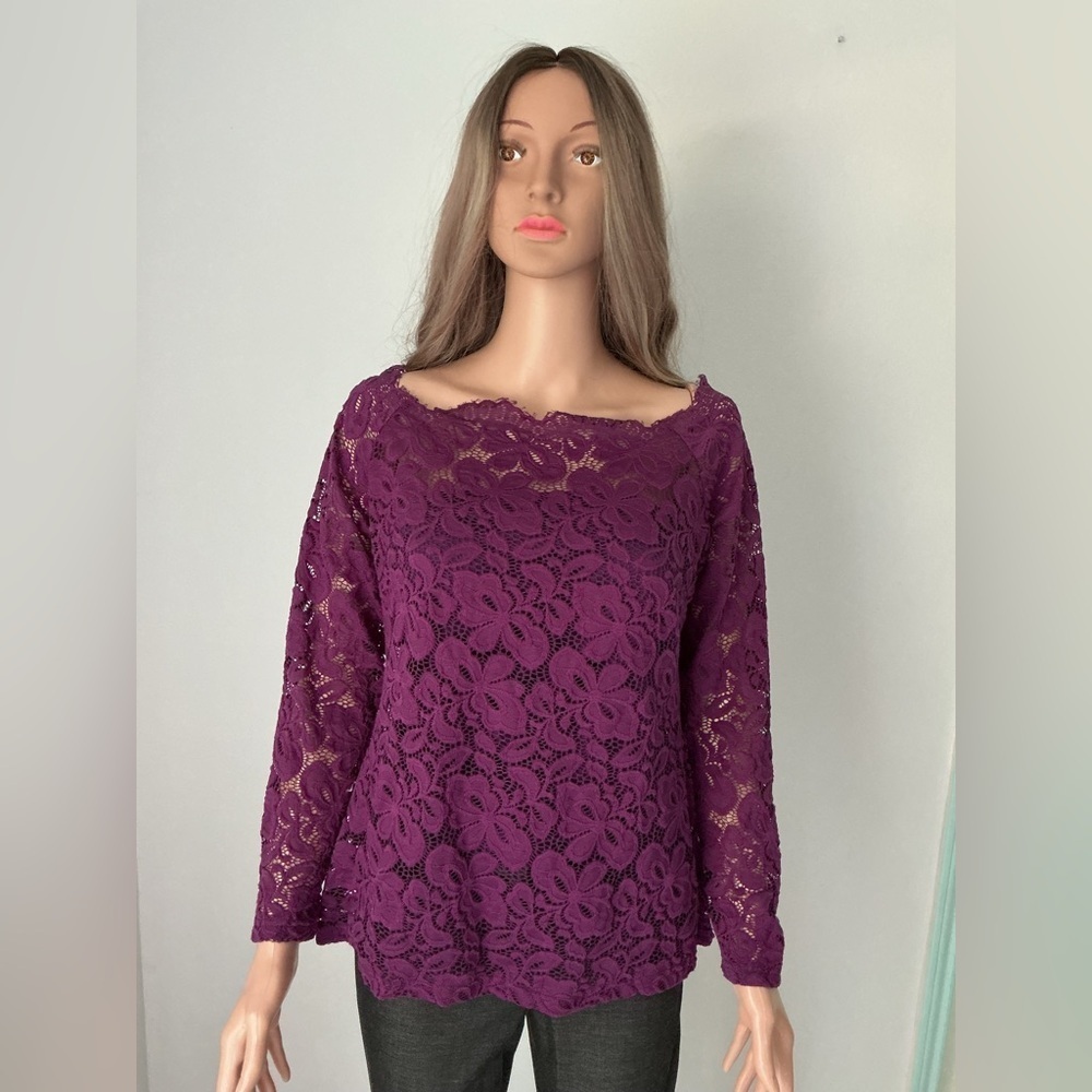 DJT Purple Lace Women's Blouse Sz L r